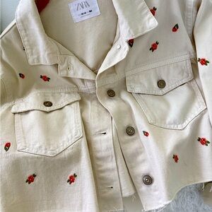 Zara Cream Red Jean Jacket with Embroidered Details